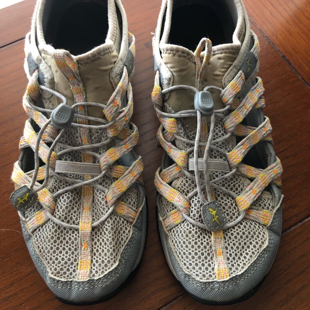 Chaco Gray Mesh Sport Sandals with Yellow-Orange Accents